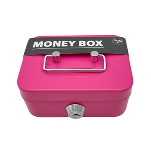 Pink metal money box with silver handle, key lock and two keys on white background