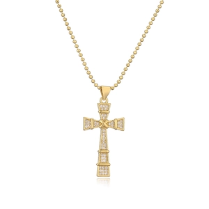 18K gold plated cross pendant necklace with clear zircon stones on a white background