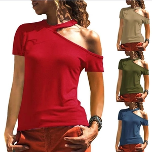 Women Asymmetric Shoulderless T-Shirt Sexy Off Shoulder Top Summer Solid Color Casual Polyester Loose Tee Shirt