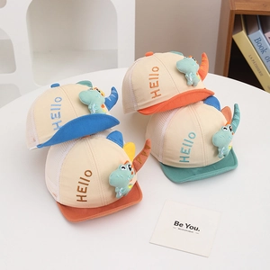 Cute baby sun mesh cap with dinosaur plush and Hello embroidery in four vibrant colors