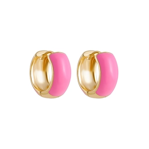 Detailed view of pink enamel and gold huggie earrings with a sleek circular design