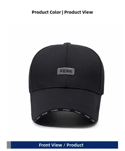 Detail of black baseball cap with gray embroidered FEWK patch and lettered brim decoration