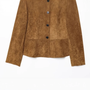 Brown suede long sleeve jacket with black buttons and an A-line hem on white background