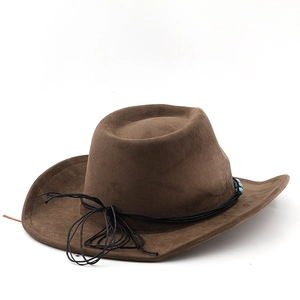 Close-up of brown suede cowboy hat with black cord and turquoise bead decorative band