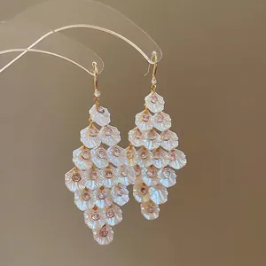 Elegant gold drop earrings with mother of pearl tassels and pink zircon accents
