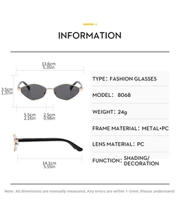 Detailed size chart for polygon metal sunglasses model 8068 showing frame dimensions