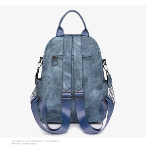 Rear view of blue soft leather backpack showing zipper pocket and adjustable straps
