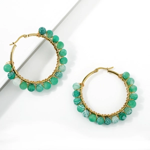 Bohemian gold hoop earrings with green natural stone beads and wire-wrapped details