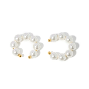 Minimalist 18k gold stainless steel C-shaped ear clips with elegant white pearls on white background
