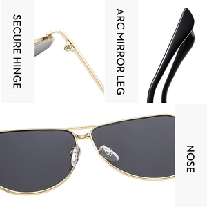 Detail of pilot sunglasses showing secure hinges, curved legs and nose pads