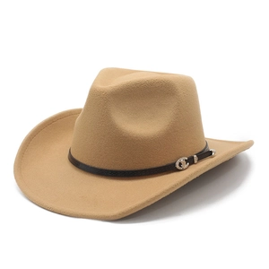 Detail of camel felt cowboy hat featuring a brown leather band and silver horseshoe buckle