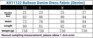 Size chart for denim sleeveless bubble dress showing measurements for sizes XS to L