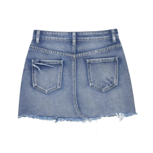 Women's mid-wash denim mini skirt with frayed hem and rear pockets on white background