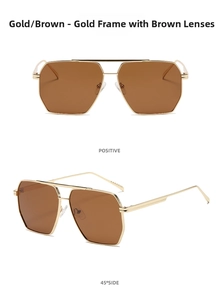 Detailed front and 45-degree angle views of gold frame aviator sunglasses with brown lenses