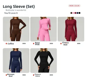 Detailansicht des fünffarbigen Langarm-Yoga-Sets mit gerippten High-Waist-Leggings