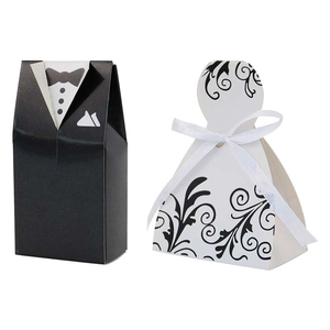 European tuxedo and wedding dress gift boxes with white ribbons for wedding candy packaging