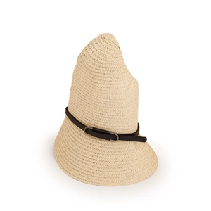 Close-up of beige straw sun hat featuring fine spiral weave and black leather belt detail