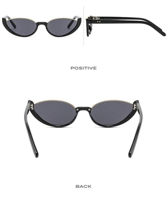 Three views of black cat-eye sunglasses with narrow frames and golden top line accents