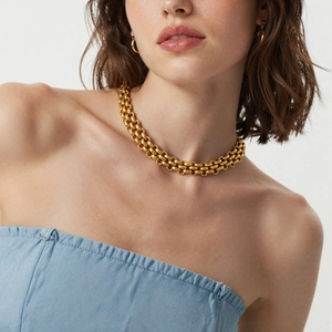 Gold-plated chunky stainless steel chain necklace with double-row braided design
