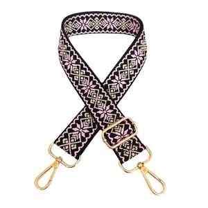 3.8cm wide jacquard canvas strap with pink diamond pattern and gold metal hooks