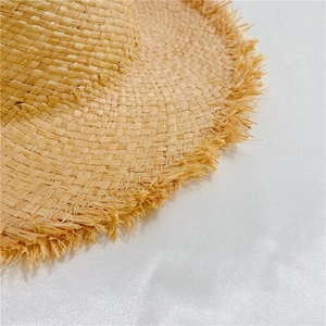 Gros plan du bord frangé d'un chapeau de paille tissé avec texture naturelle fine