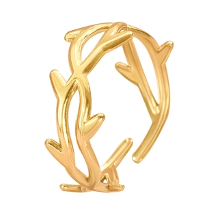 Elegant gold vine branch stainless steel open ring with polished leaf design for women