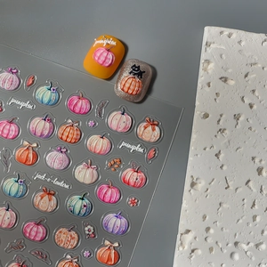 Stickers ongles 3D en relief citrouille d'Halloween avec motifs Jack-o'-lantern