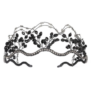 Close-up of gothic black beaded headband with crystals and silver rhinestone details