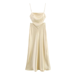 Robe Midi Élégante En Satin Dos Nu Découpé Nœud À L'arrière Fines Bretelles Champagne Cocktail Femmes