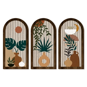 3er-Set hölzerne Wanddeko mit Boho-Pflanzenmotiven und geometrischen Mustern im Bogen