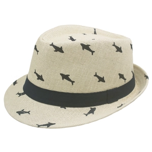 Kids cream fedora straw hat with black shark print and decorative black ribbon trim