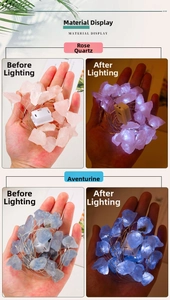 Detail of rose quartz and celestine stone fairy lights with on-off lighting effect