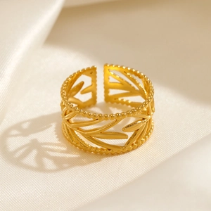 Minimalist 18K gold plated stainless steel open ring with delicate leaf pattern
