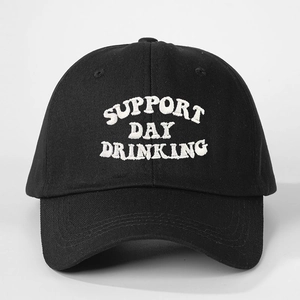 Classic black cotton baseball cap with white Support Day Drinking embroidery on front