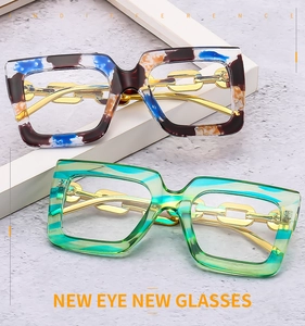 Detail view of large square glasses frames with green stripes and metal chain temples