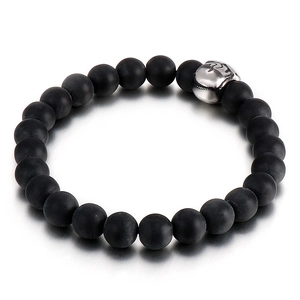 Men's matte black beaded bracelet with a silver stainless steel skull charm bead
