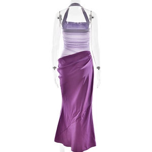 Detail of purple backless maxi dress with mesh bodice and satin fishtail skirt