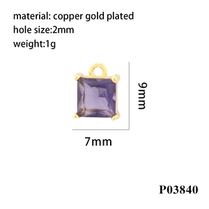 Detailed specs for 18K gold plated copper square pendant with purple cubic zirconia
