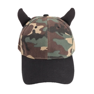 Camouflage baseball cap with black 3D devil horns and classic six-panel structure