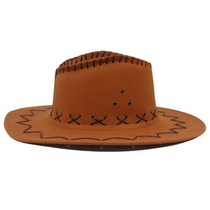 Detail of brown faux suede cowboy hat featuring cross-stitch trim and metal eyelets