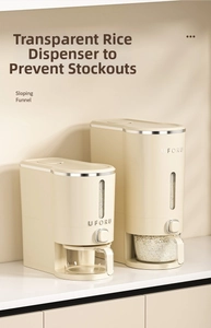 Detail view of cream-colored rice storage bins with visual windows and funnel dispensers