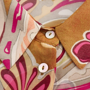 Women's vintage paisley chiffon long sleeve shirt featuring a classic collar and white buttons