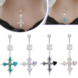 Piercing de Nombril Gothique Croix Cœur pour Femmes en Alliage de Zinc Strass Bijoux de Corps Argentés