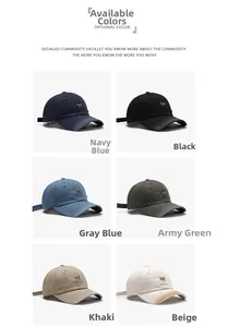 Detailed grid of distressed baseball caps in six colors with metal bow accent