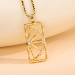 18K gold plated stainless steel sunburst rectangle pendant with sparkling white zircons