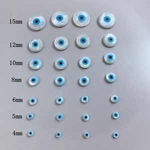 Natural mother of pearl evil eye beads in seven sizes ranging from 4mm to 15mm