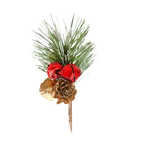Christmas pine cone branch with green needles, red bell, and natural cones on white background