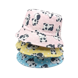 Kids panda print bucket hats in pink, yellow, and blue colors, stackable cotton sun caps