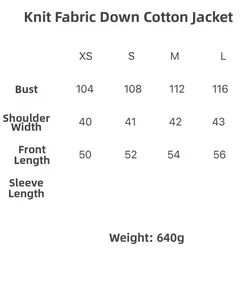 Size chart for knit and nylon quilted jacket showing XS to L bust and length dimensions