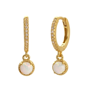 French luxury gold huggie hoop earrings with white opal stone and zircon accents